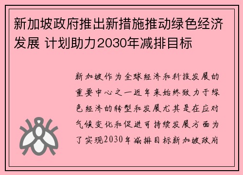 新加坡政府推出新措施推动绿色经济发展 计划助力2030年减排目标